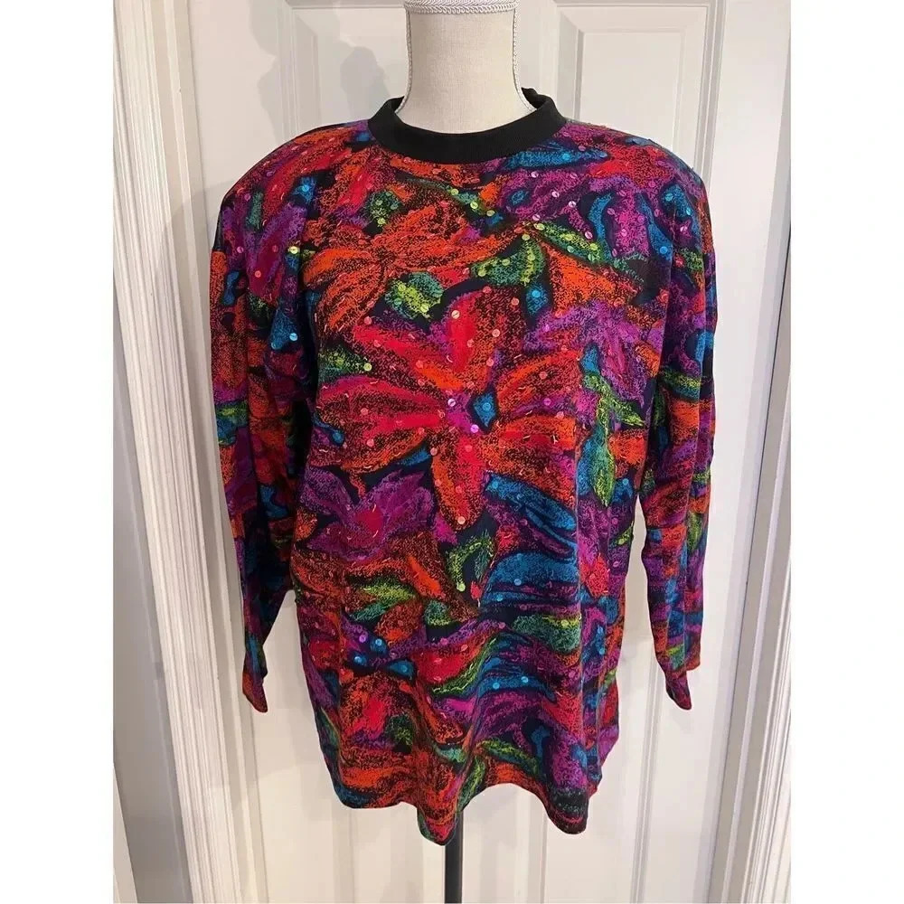 𝅺Vintage MCM colorful 3/4 sleeve sequins sweater‎ liberty floral large or XL